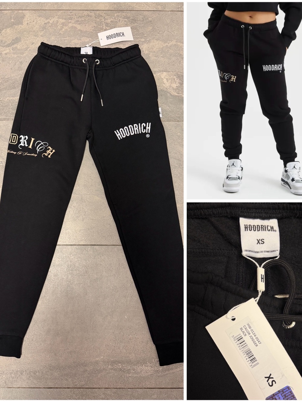Hoodrich Calor Slim Joggers Sweatpants Black Cream Tan Gold Cuffed Tapered XS